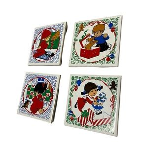 2 Vintage Sets (4) Ceramic Tile Trivets Night Before Christmas Christmas Morning